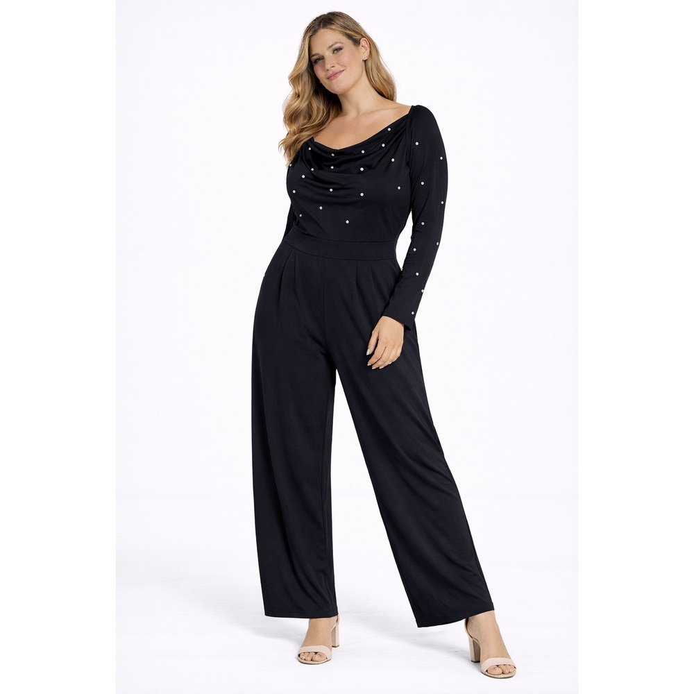 CHICME Black Pearl Embellished Cowl Neck Long Sleeve Jumpsuit Women's XL